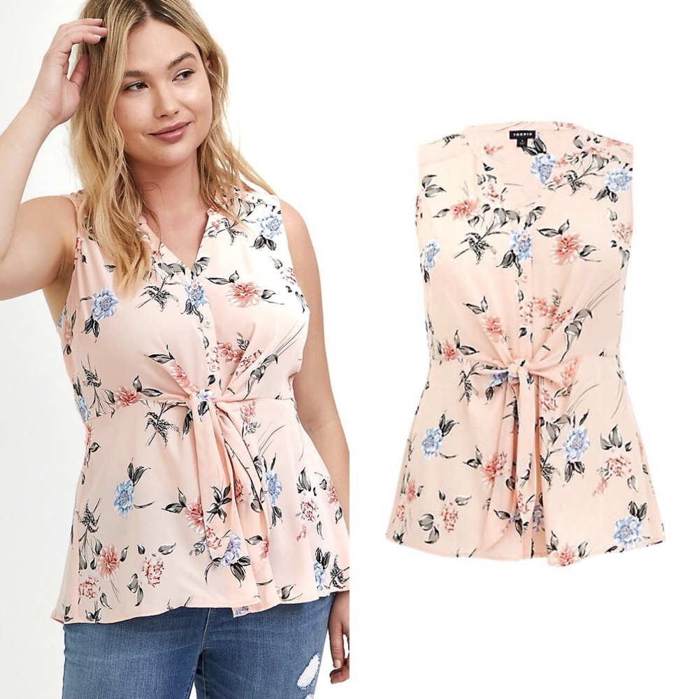 Torrid Peach Floral Georgette Peplum Tie Front Top